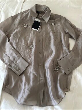 Zara Taupe Embellished Pearl Button-Up Blouse